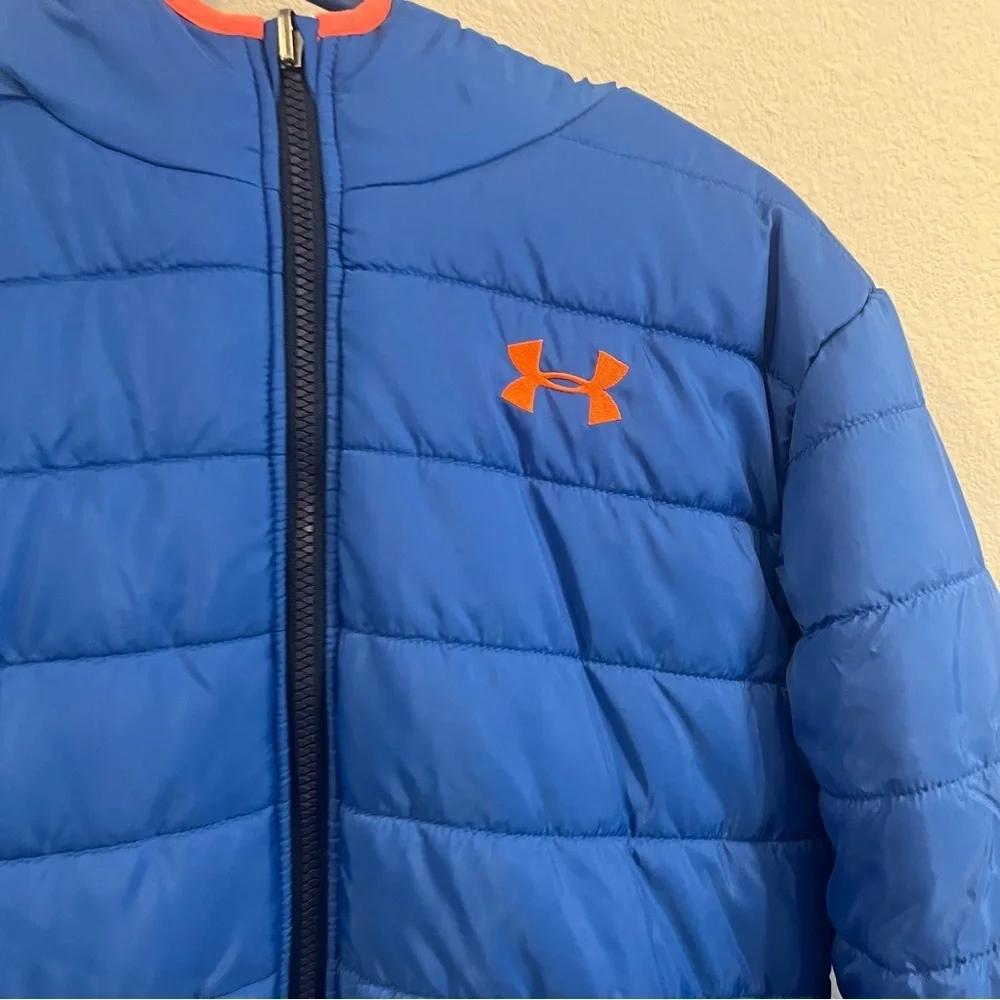Under Armour kids size X-Large blue and orange reversible puffer jacket hooded